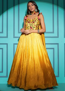 Yellow Embroidered Gown In Chiffon