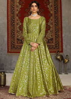 Green Foil Printed Gown In Art Silk