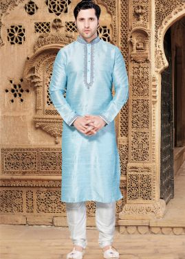 Readymade Sky Blue Art Silk Kurta Pyjama