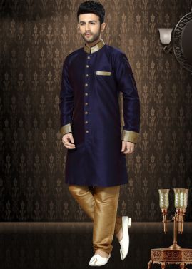 Buy Readymade Indian Dark Blue Art Silk Wedding Sherwani Dress for Men Online in USA