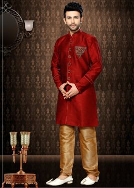 Readymade Maroon Art Silk Indo Western Sherwani