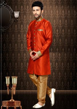 Readymade Orange Art Silk Indo Western Sherwani