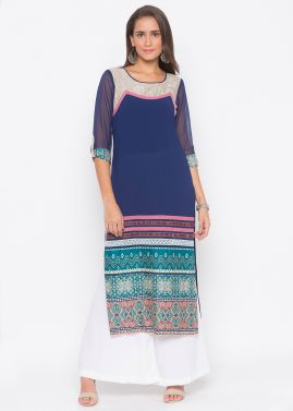 Blue Straight Cut Printed Border Kurta With Palazzo