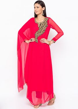 Red Asymmetric Readymade Embroidered Kurta Set