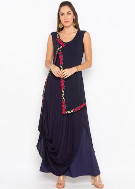 Navy Blue Twin Layered Asymmetric Cowl Style Kurta Set