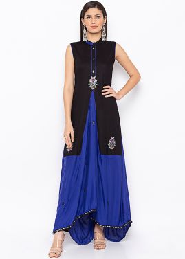 Black and Blue Asymmetric Readymade Cotton Kurta Set