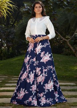 White Embroidered Top With Floral Printed Skirt