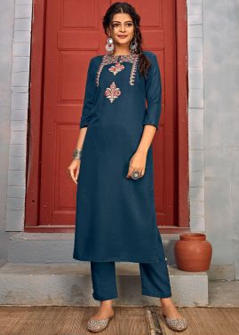 Readymade Blue Straight Cut Kurta With Pant