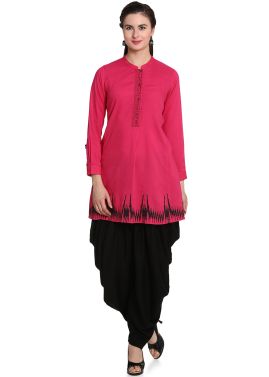 Pink Block Printed Border Kurti With Dhoti