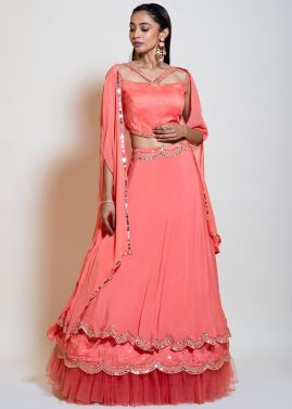 Peach Mirror Embellished Top Skirt With Asymmetric Cape