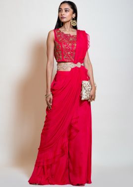 Pink Embroidered Top Palazzo With Draped Dupatta