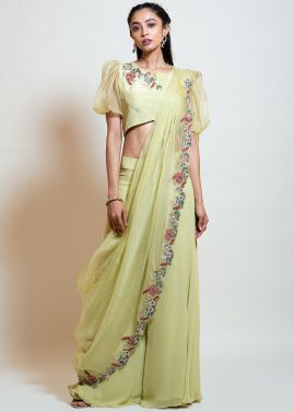 Green Puff Sleeved Top Palazzo With Attached Dupatta