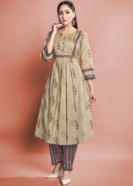 Beige Readymade Cotton Kameez Pant Set