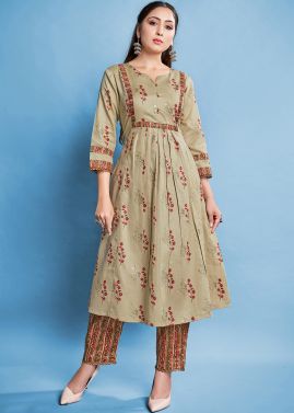 Readymade Floral Print Beige Kurta Set In Cotton