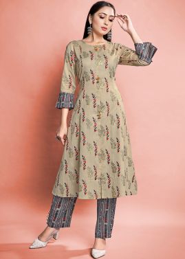 Readymade Beige Printed Slit Kameez Pant Set