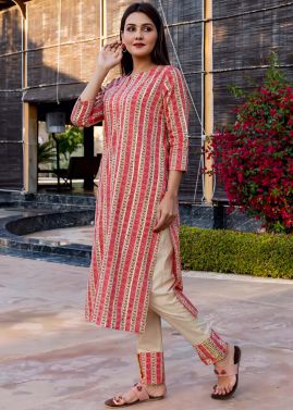 Readymade Peach Cotton Kurta Set