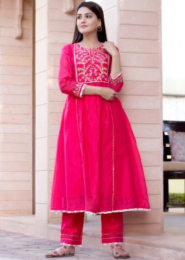 Readymade Pink Anarkali Kurta Set In Chanderi