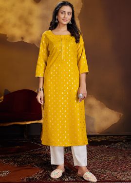 Yellow Foil Printed Kurta With Pant