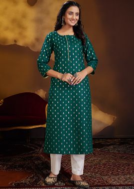 Readymade Green Foil Printed Kurta Pant Set