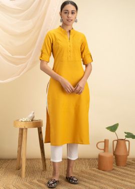 Yellow Plain Readymade Kurta Set In Rayon