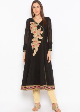 Black Readymade Angrakha Style Kurta Set