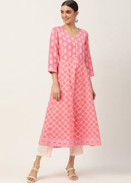 Pink Cotton Abstract Printed Kurti