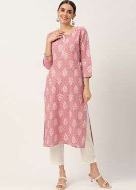 Pink  Readymade Printed Cotton Kurti