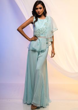 Blue Embroidered Asymmetric Ruffled Top With Palazzo