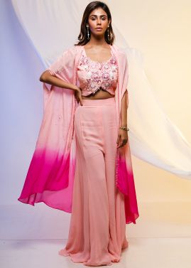 Pink Embroidered Cape Jacket Style Top And Palazzo