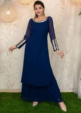 Readymade Mirror Worked Blue Kurta And Palazzo