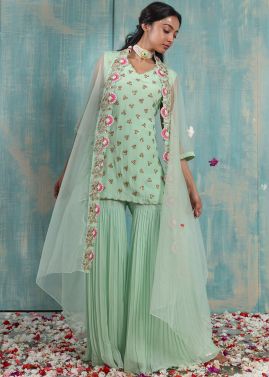 Green Embroidered Jacket Style Kurta Set In Crape