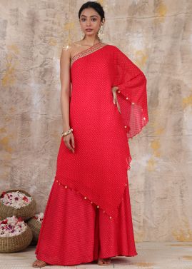 Readymade Red One Shoulder Bandhej Print Palazzo Set