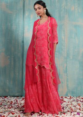 Red Polka Dots Printed Jacket Style Kurta Set In Georgette