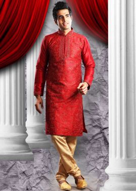 Readymade Red Art Silk Kurta Pyjama