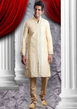 Readymade Cream Art Silk Kurta Pyjama