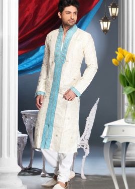 Readymade Cream Art Silk Kurta Pyjama