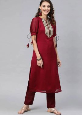 Maroon Readymade Embroidered Kurta Set