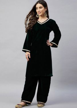 Black Readymade Kurta & Palazoo In Velvet