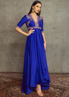 Blue Asymmetric Kurta Set In Art Silk