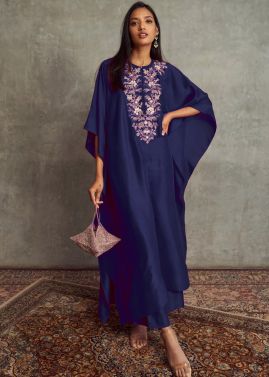 Blue Embroidered Kaftan Style Kurta Set