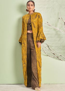 Brown Readymade Indowestern Pant Set & Jacket In Reyon