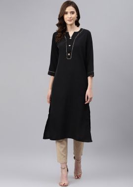 Black Laced Kurta Pant Set In Rayon