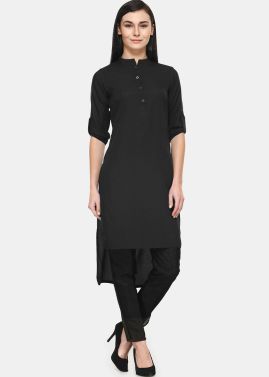 Black Plain Asymmetric Kurta Set In Rayon