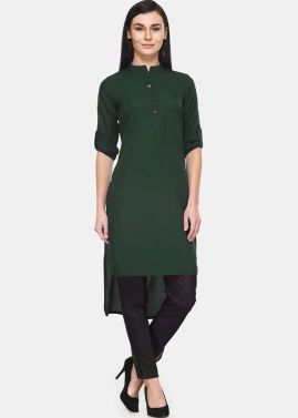 Green Asymmetric Kurta Set In Rayon