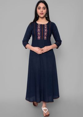 Navy Blue Embroidered Rayon Ku...