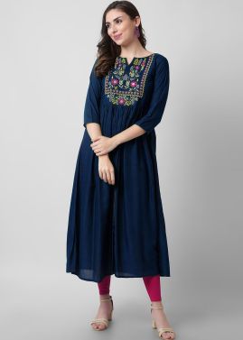 Blue Readymade Embroidered Rayon Kurta Set