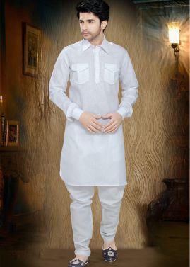 Readymade White Cotton Kurta Pyjama Set