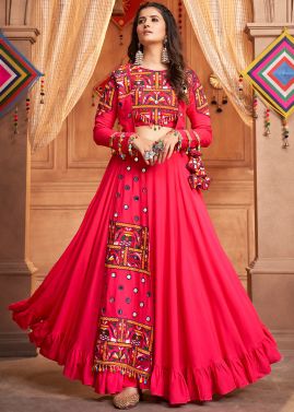 Pink Embroidered Navratri Skir...