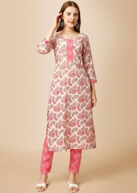 Cream Digital Printed Kurta Set In Cotton