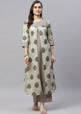 Readymade Grey Printed Kurta Set